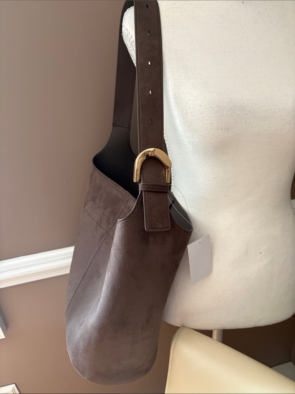 H&M Brown Suede Shoulder Hobo with Gold Buckle